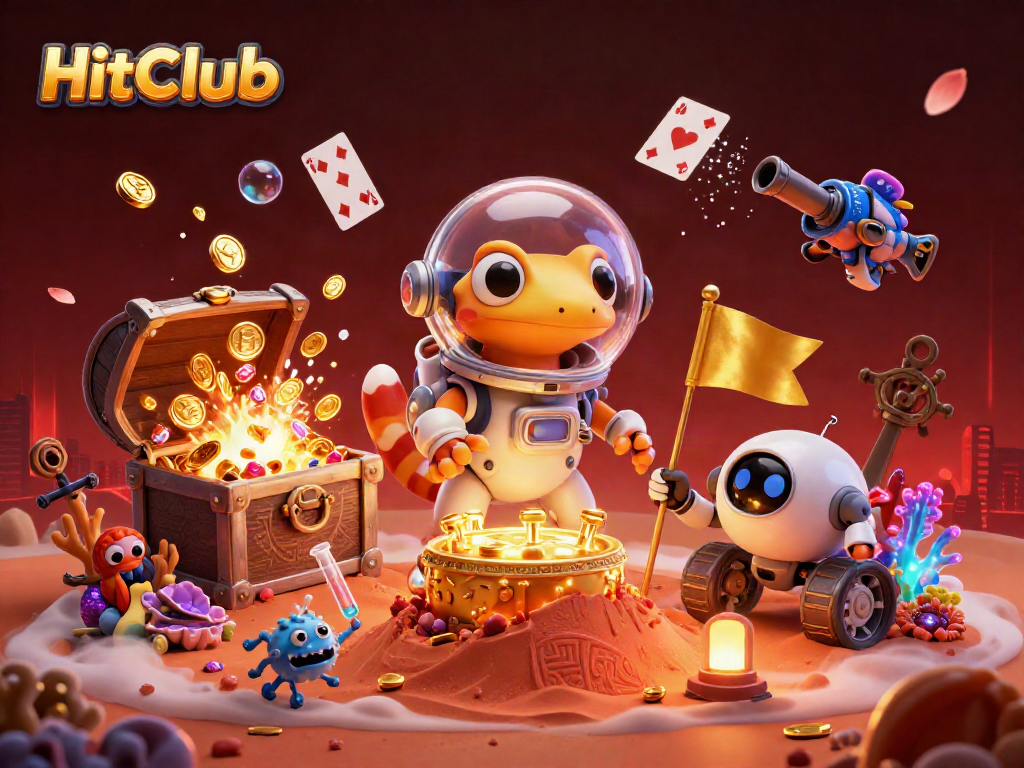 HitClub's vibrant Martian-themed digital casino scene features unique characters and dynamic elements.