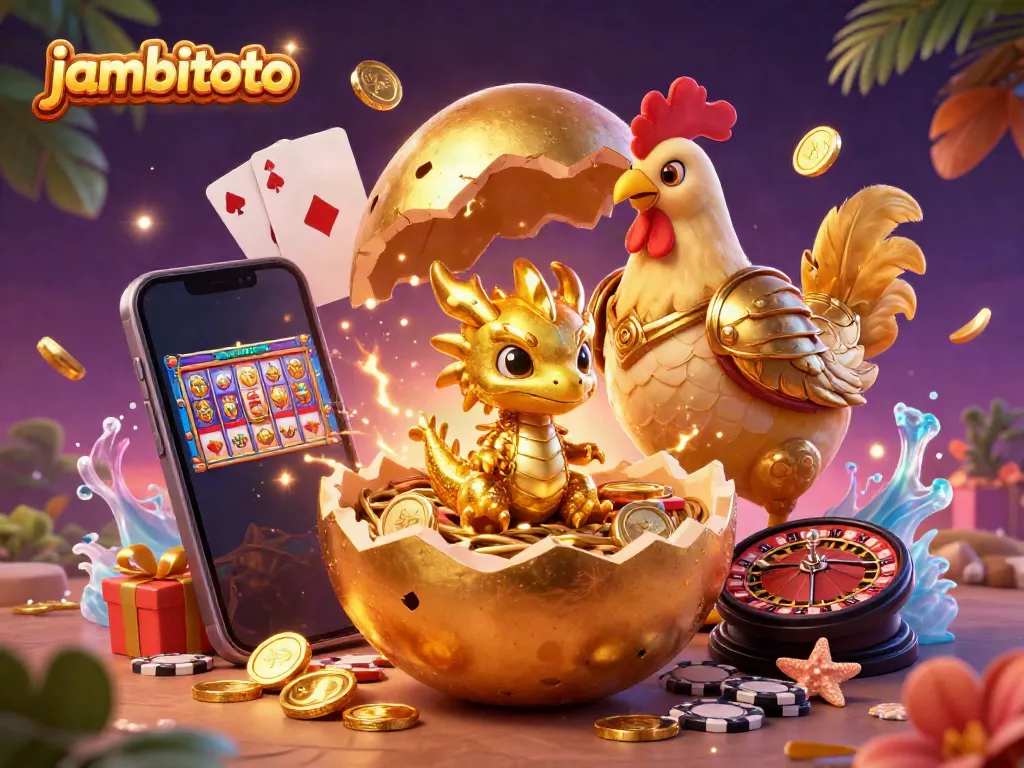 Experience thrilling gaming adventures with jambitoto, featuring a golden baby dragon amidst poker chips and casino elements.