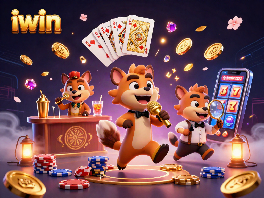 iwin's dynamic comedy casino scene features hyenas amidst golden coins and sparkling gems.