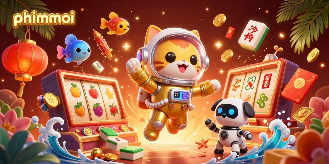 Experience the thrill of phimmoi in a vibrant casino scene with astronaut cat, robot dog, and gambling elements.