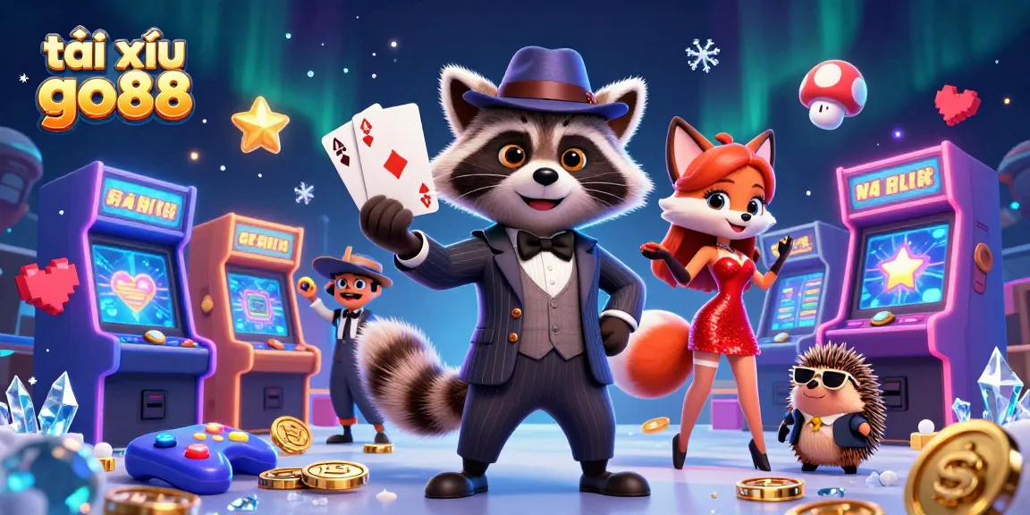 Tài xỉu go88 scene featuring a raccoon holding a royal flush, animated characters, and colorful game elements.