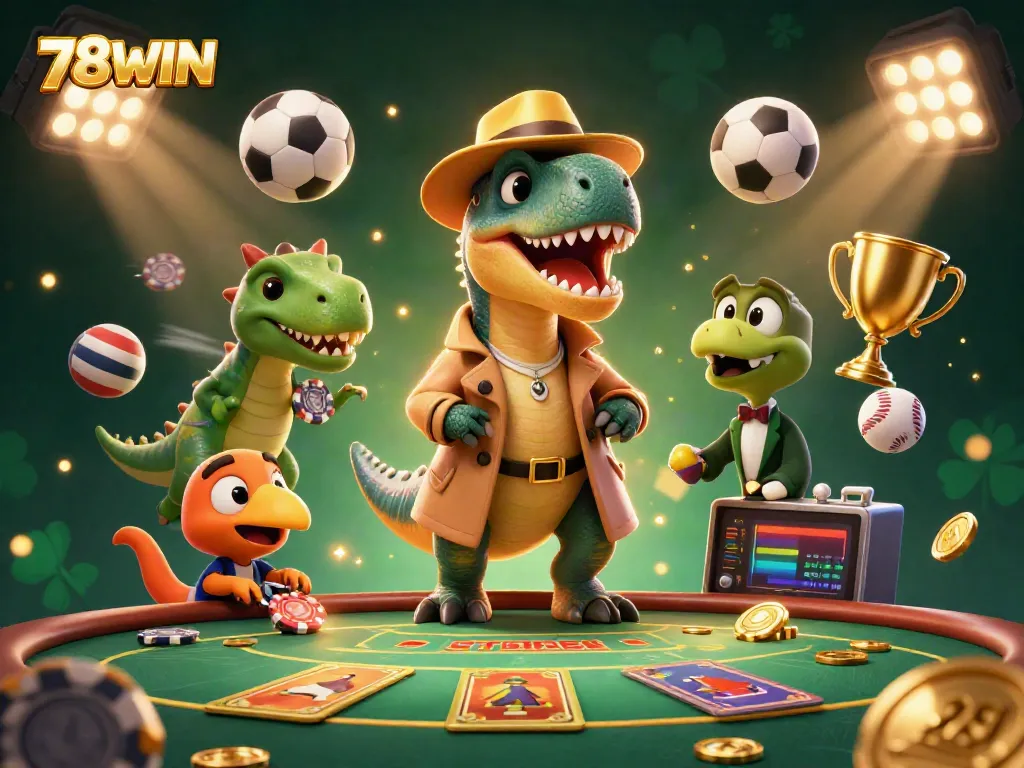 Experience the thrill of 78WIN with cartoon dinosaurs at a blackjack table amid dynamic casino action.
