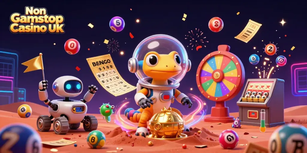 Non Gamstop Casino UK illustration featuring a Martian gecko discovering a golden casino on Mars with celebratory elements.