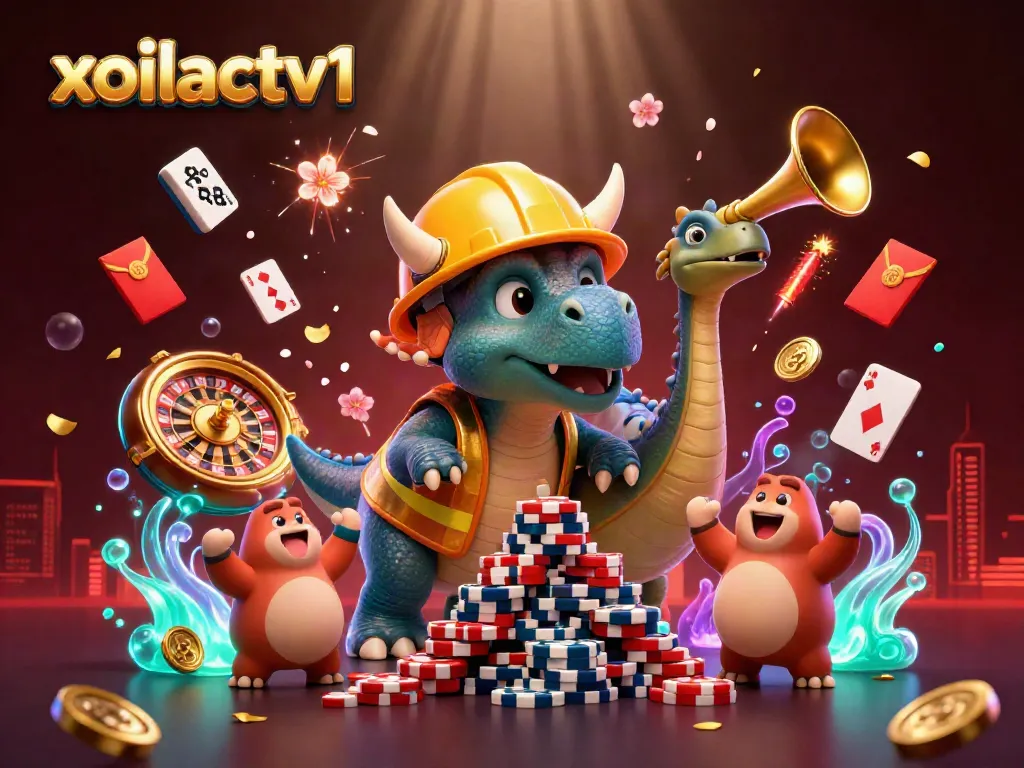 Xoilactv1 themed 3D illustration celebrates with characters building poker chip pyramids.