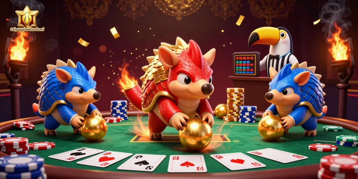 Engage with taigamebaidienthoai as rival pangolins playfully compete in poker amidst colorful casino elements.