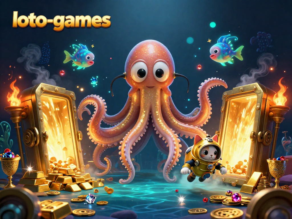 Experience the thrill of loto-games with an epic treasure scene featuring a kraken and diving cat.