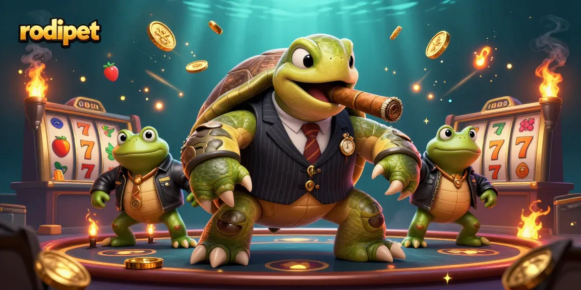 Rodipet showcases thrilling casino action with a joyful turtle and friends winning at slots.