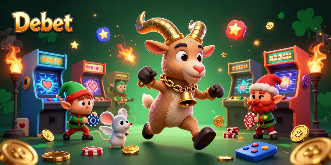 Experience Debet with a Krampus goat managing a chaotic holiday casino scene full of vibrant gaming elements.