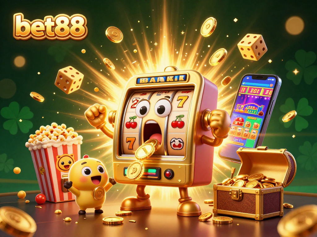 Bet88 slot machine celebrating a jackpot win with floating coins and graphical game elements, showcasing vibrant gambling action.