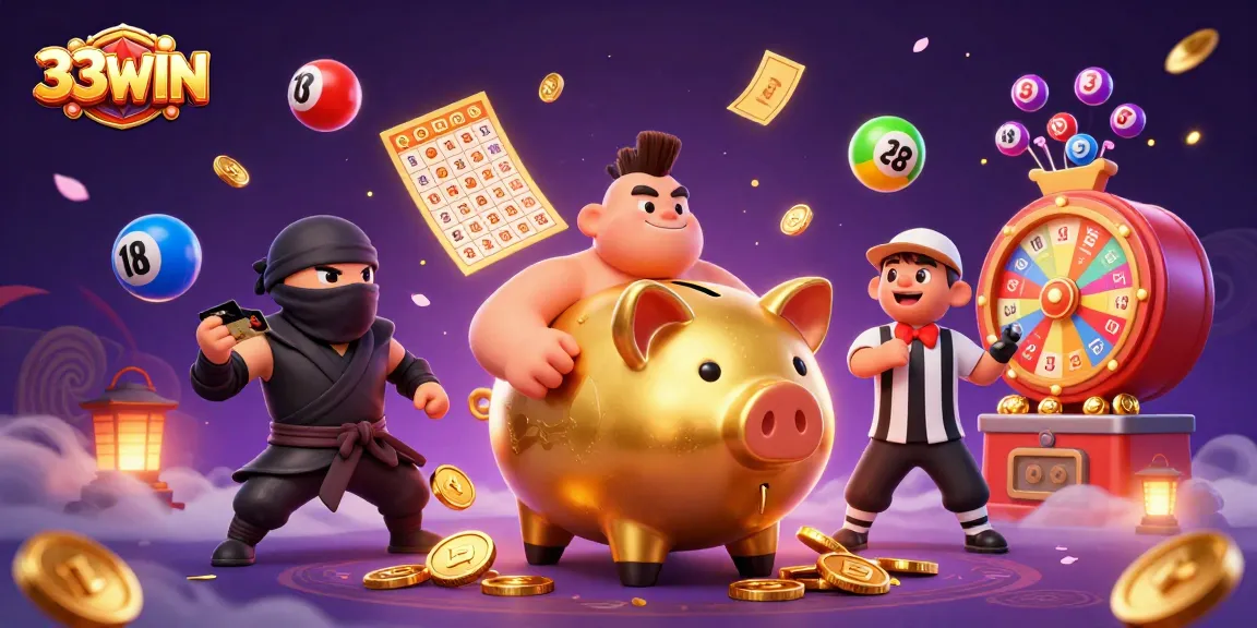 Experience the thrill of 33WIN with a lively gaming scene featuring colorful lottery elements and dynamic action.