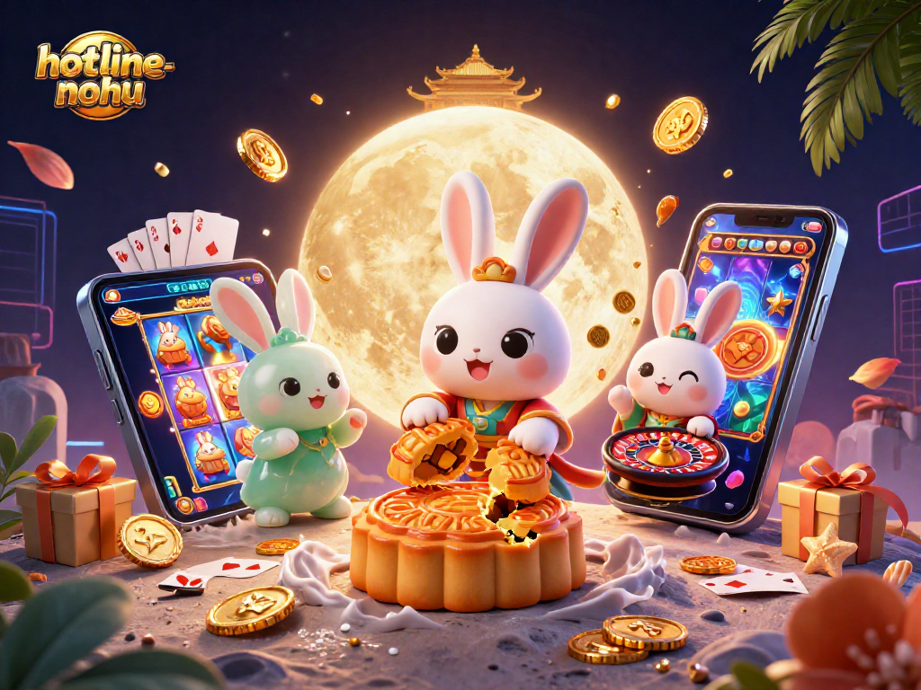 Join the fun at hotline-nohu casino with the moon rabbit exchanging poker chips amidst rich gaming icons.