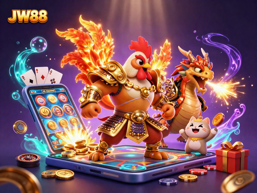 Experience the thrill of JW88 with this dynamic 3D casino scene featuring a rooster warrior, dragon hatchling, and more.