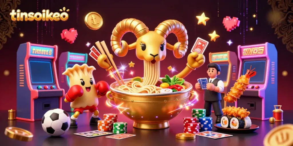 tinsoikeo presents a vibrant sports betting illustration featuring animated food characters with gaming elements.