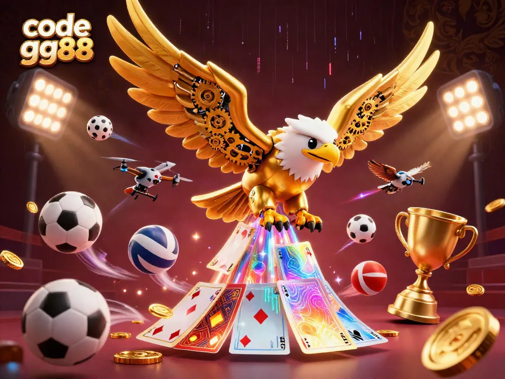 Engage in thrilling gameplay with code gg88 featuring a dynamic illustration of a cybernetic golden eagle amidst holographic cards and sports elements.