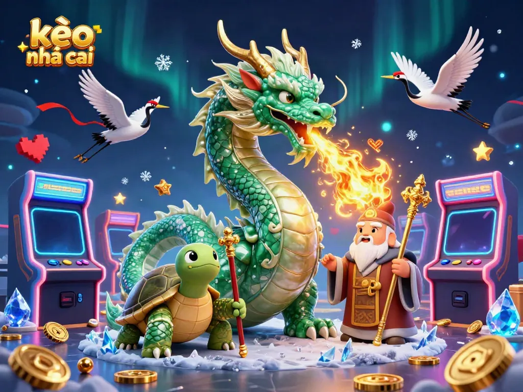 Engage with kèo nhà cái featuring a jade dragon and wise turtle sage in a magical casino scene.