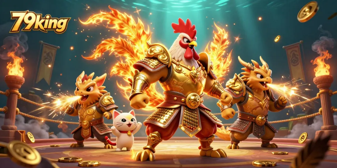 Experience thrilling victories at 79king with a vibrant 3D scene showcasing fierce warriors and golden sparks.