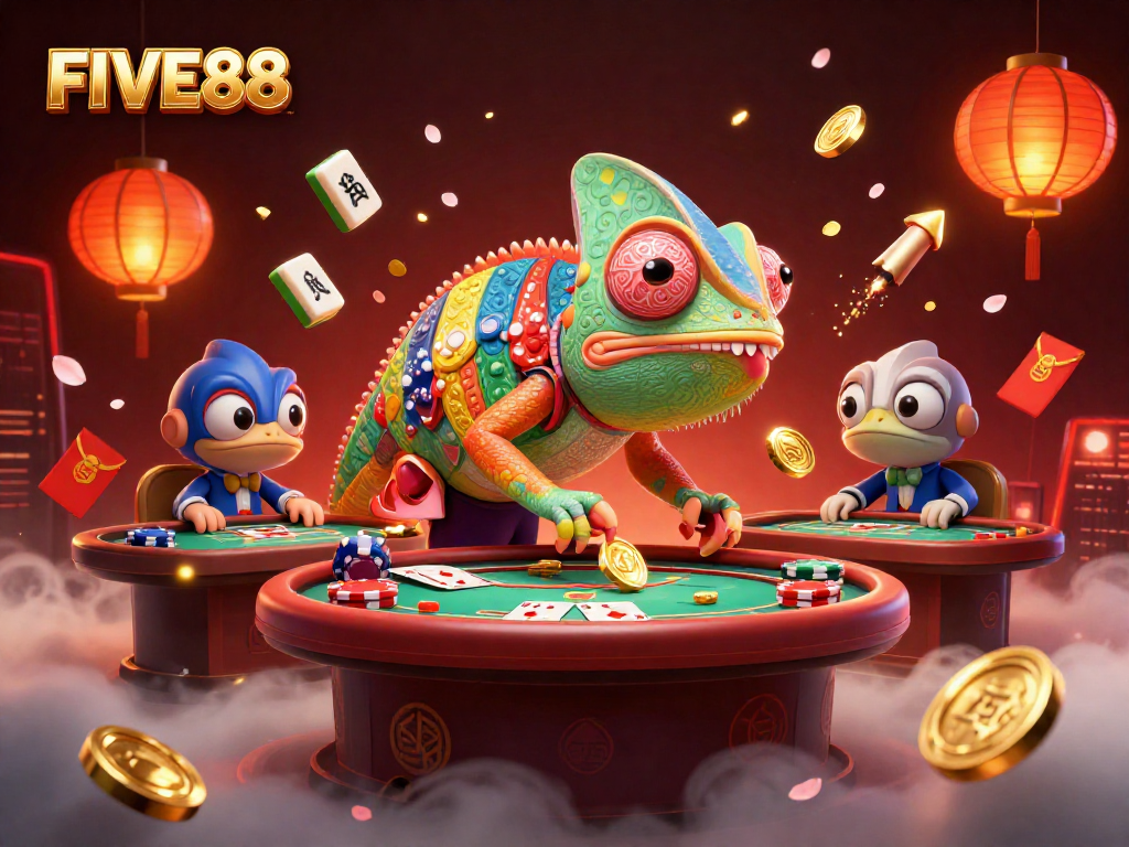 Engage with FIVE88's thrilling poker scene featuring a vibrant chameleon owner amidst festive casino elements.