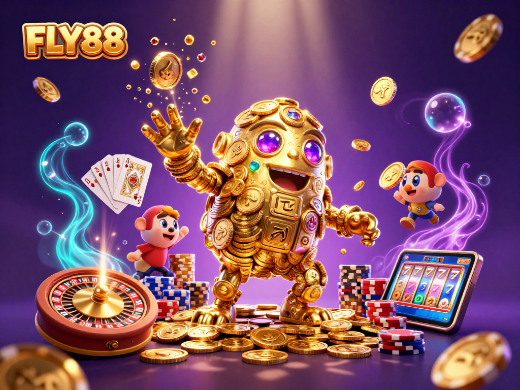 Experience thrilling gambling action with FLY88, showcasing a vibrant casino atmosphere and golden winnings.