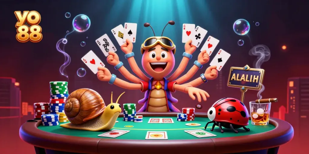Experience the excitement of yo 88 with a vibrant 3D casino scene featuring dynamic characters and game elements.