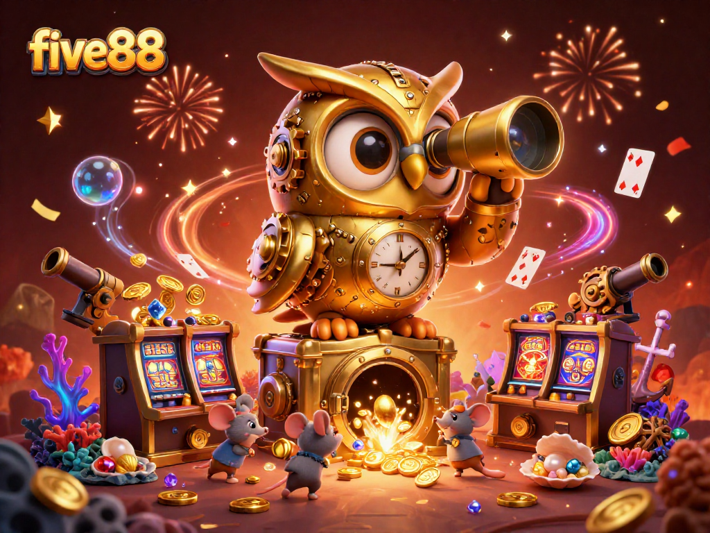 Experience exciting gameplay at five88 with a 3D illustration showcasing a golden owl and vibrant casino elements.