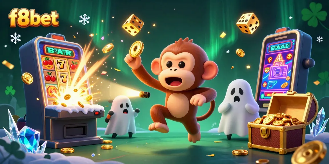 Experience thrilling fun at f8bet as golden objects fly through a bustling casino atmosphere.