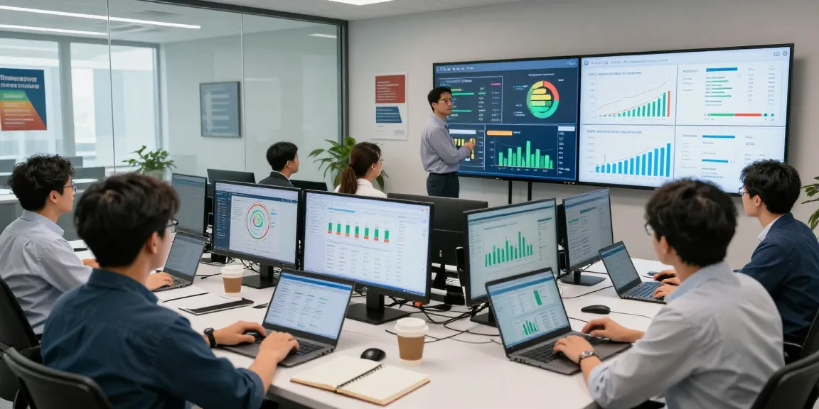 Team analyzing energy data for multi site business energy management in a modern office.