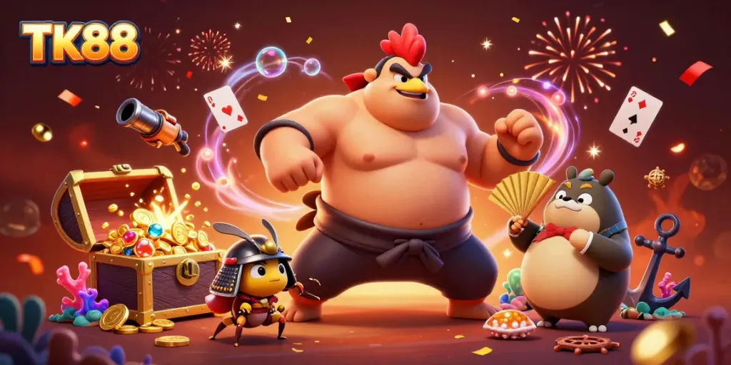 TK88 showcases a powerful sumo wrestler rooster amidst casino excitement, celebrating wins.