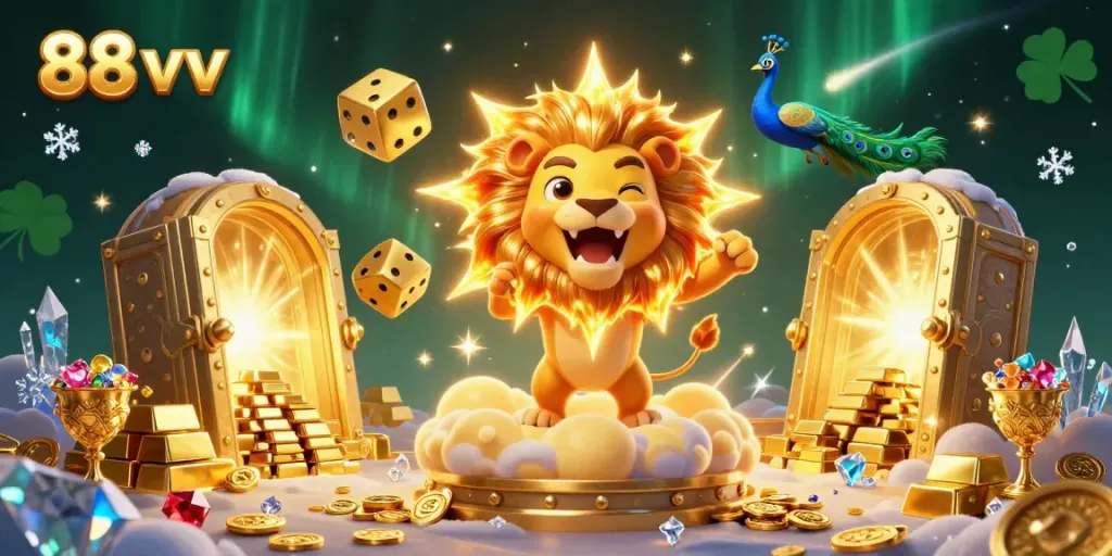 Experience thrilling wins and excitement with 88 vv in this vivid 3D casino scene filled with treasures.