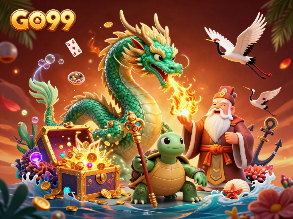 Experience the excitement of GO99 in this vibrant casino-themed illustration featuring dynamic characters and rich gaming elements.