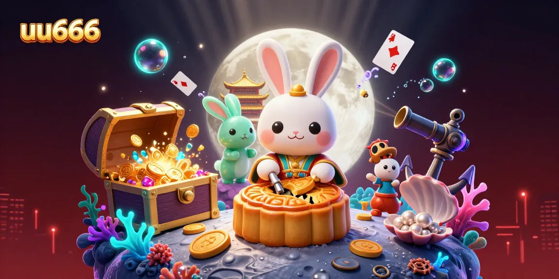uu666 showcases a vibrant casino-themed scene with a moon rabbit revealing poker chips.