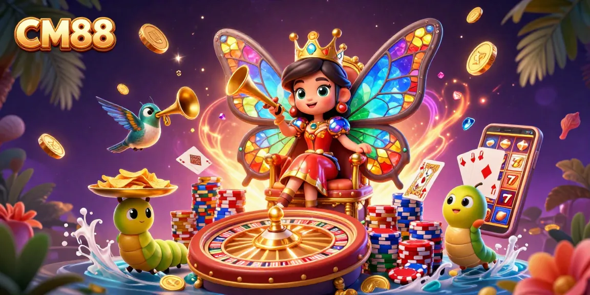 Experience the vibrant world of CM88 as the butterfly queen presides over a bustling casino scene.