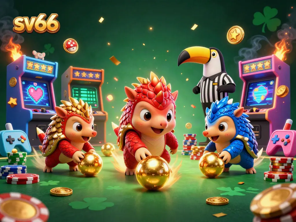Engaging sv66 gaming scene with pangolins in action, casino elements, and vibrant arcade visuals.