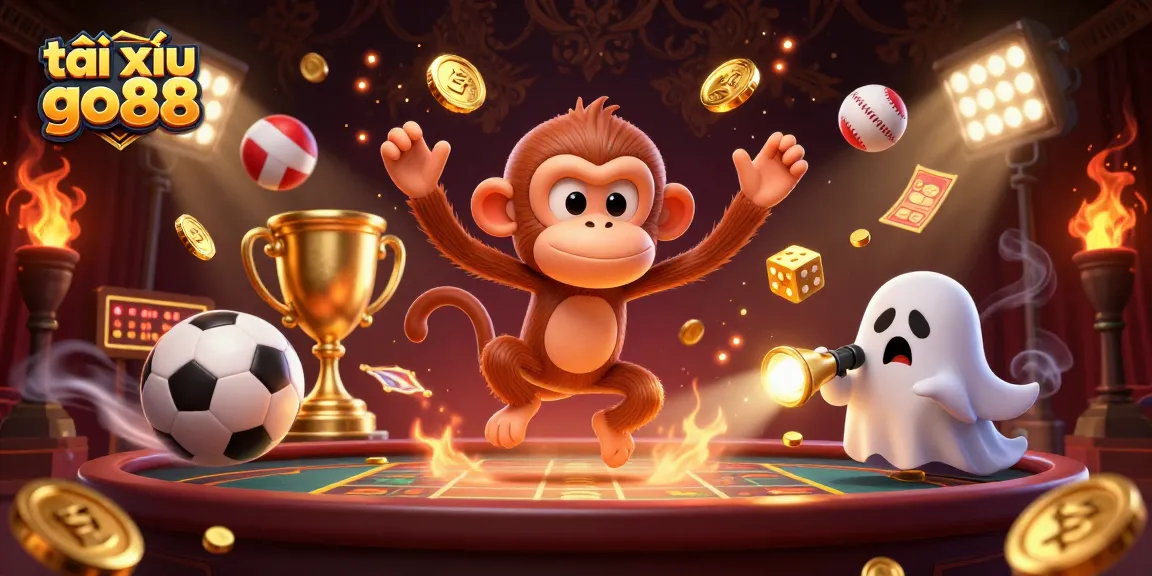 Tài xỉu go88 showcases an exciting scene of a mischievous ghost monkey and a puppy in a haunted casino.