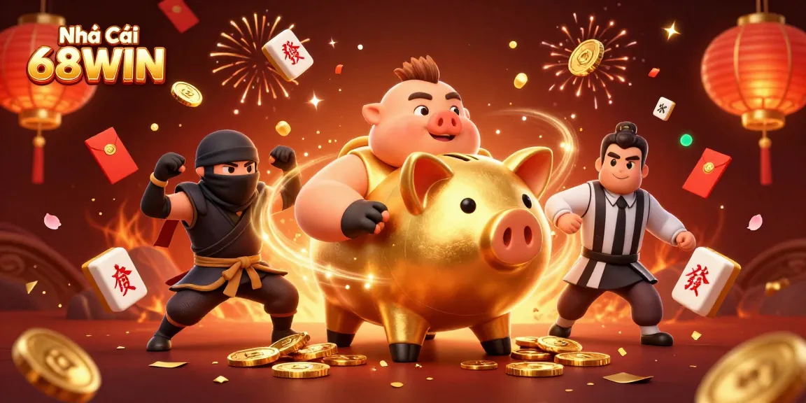 Engage with Nhà Cái 68WIN, where a piggy bank sumo wrestler stomps with golden coins in a vibrant casino scene.