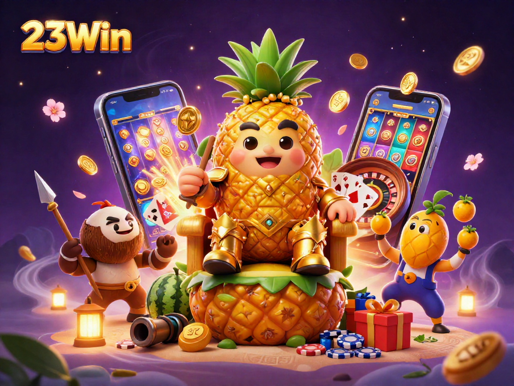 Engaging 23Win casino experience with golden pineapple king, game elements, and festive atmosphere.