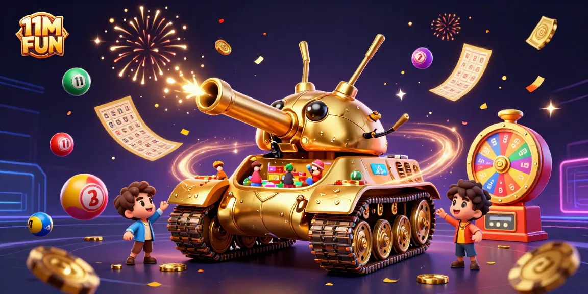 Experience the thrill of 11M FUN with the colorful casino-themed 3D illustration showcasing games and celebrations.