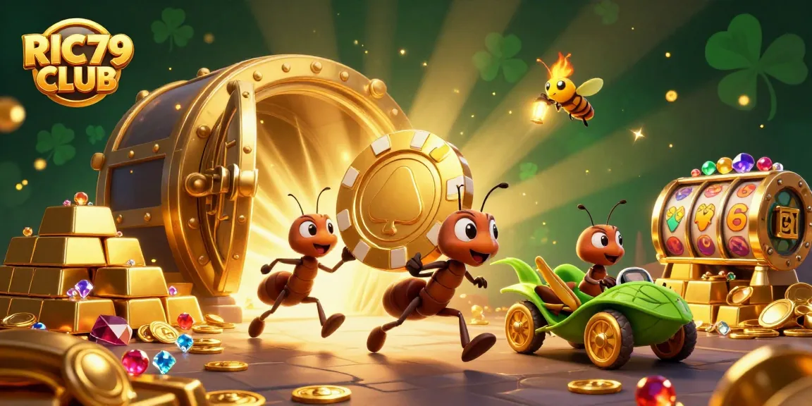 Experience the excitement of RIC79 CLUB as ants execute a heist with giant poker chips amidst gold and jewels.