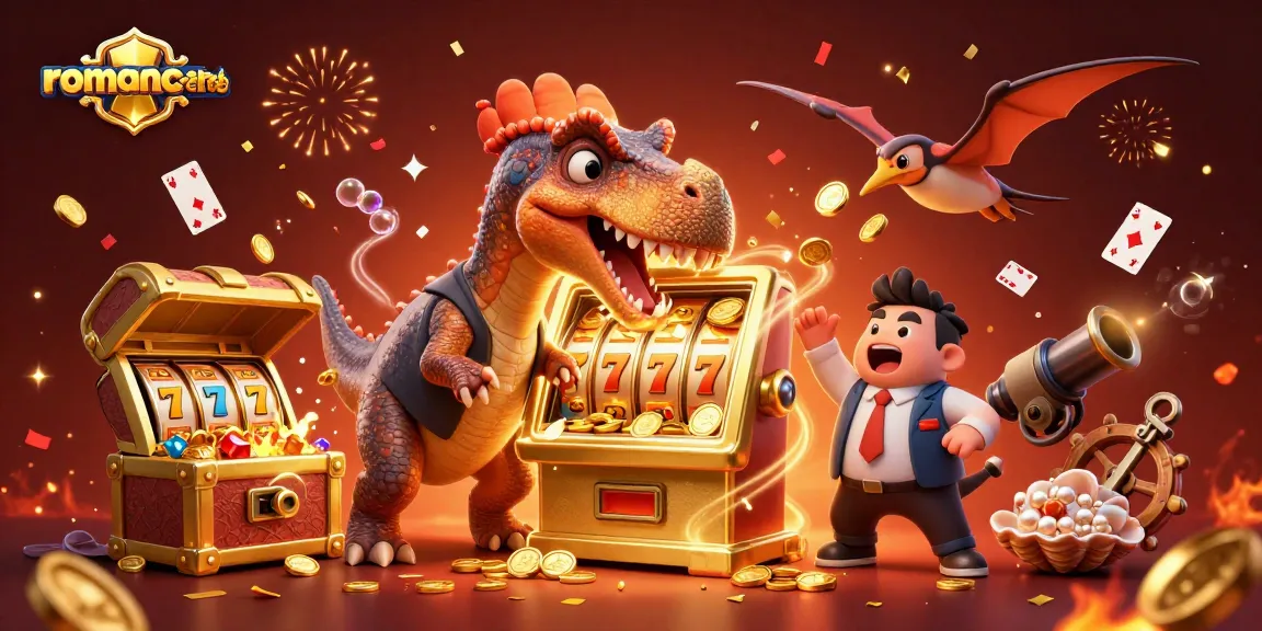 Experience thrilling wins at romance-search with animated characters celebrating slot jackpots and coin showers.