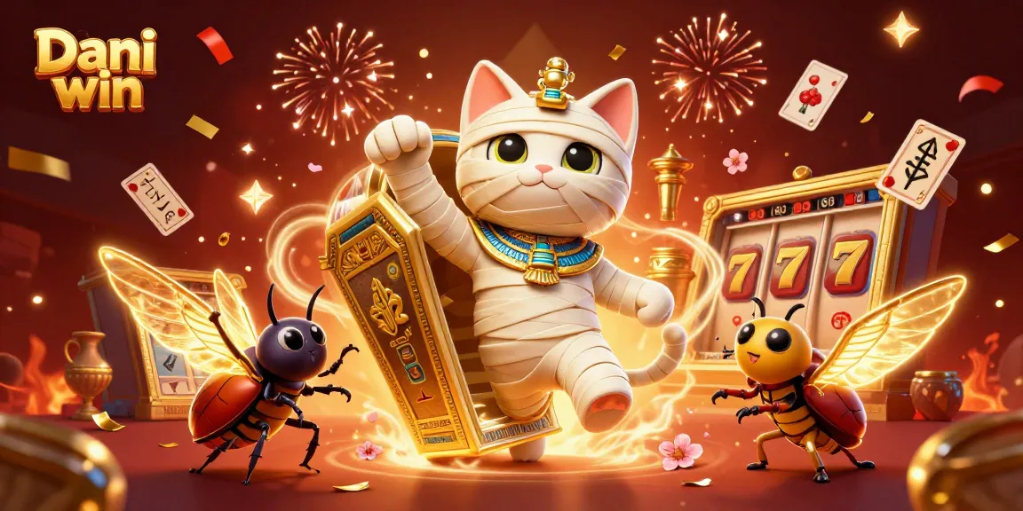 Dhani win features a vibrant 3D cartoon scene with a mummy cat and lush gaming elements.