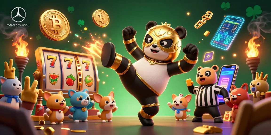 Experience the excitement of mercedes-nohu with a dynamic illustration of a panda wrestler among casino symbols.