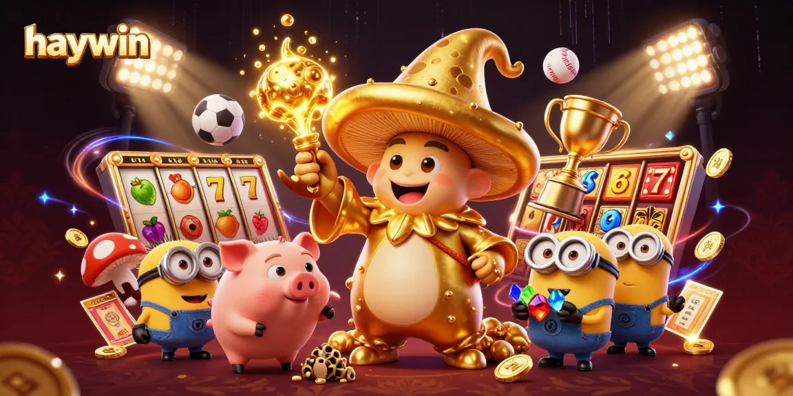 Experience exciting slot games with haywin through magical gold and treasure in this colorful digital illustration.