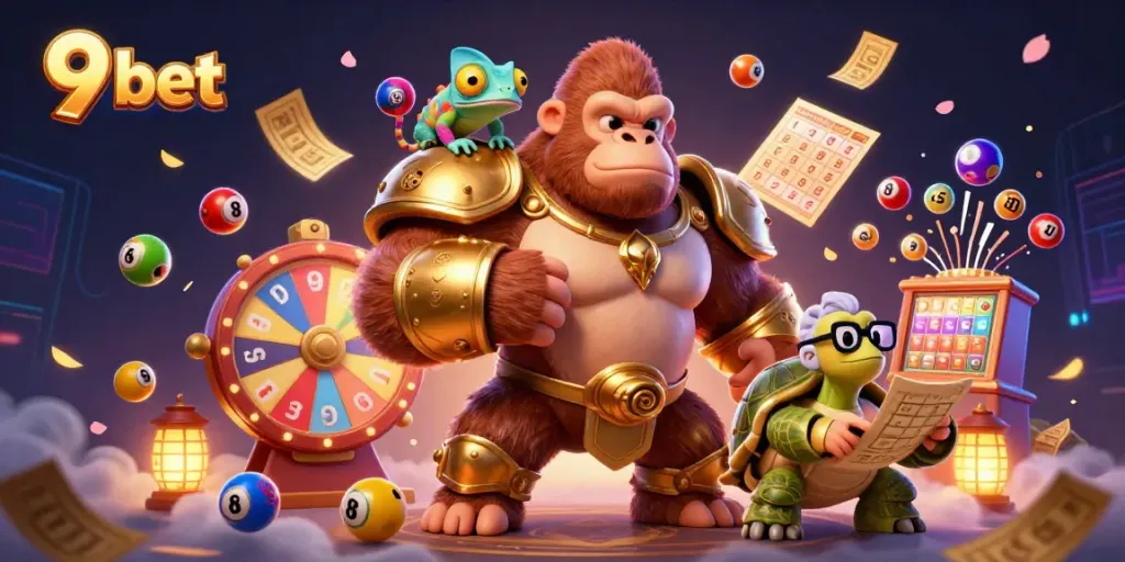Engage with 9 bet in this vibrant 3D casino scene featuring playful characters and dynamic lottery game elements.