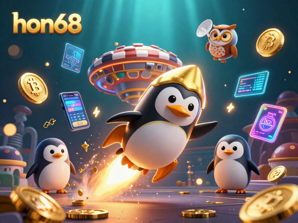 Win big with hon68 as a golden penguin navigates a thrilling casino universe.