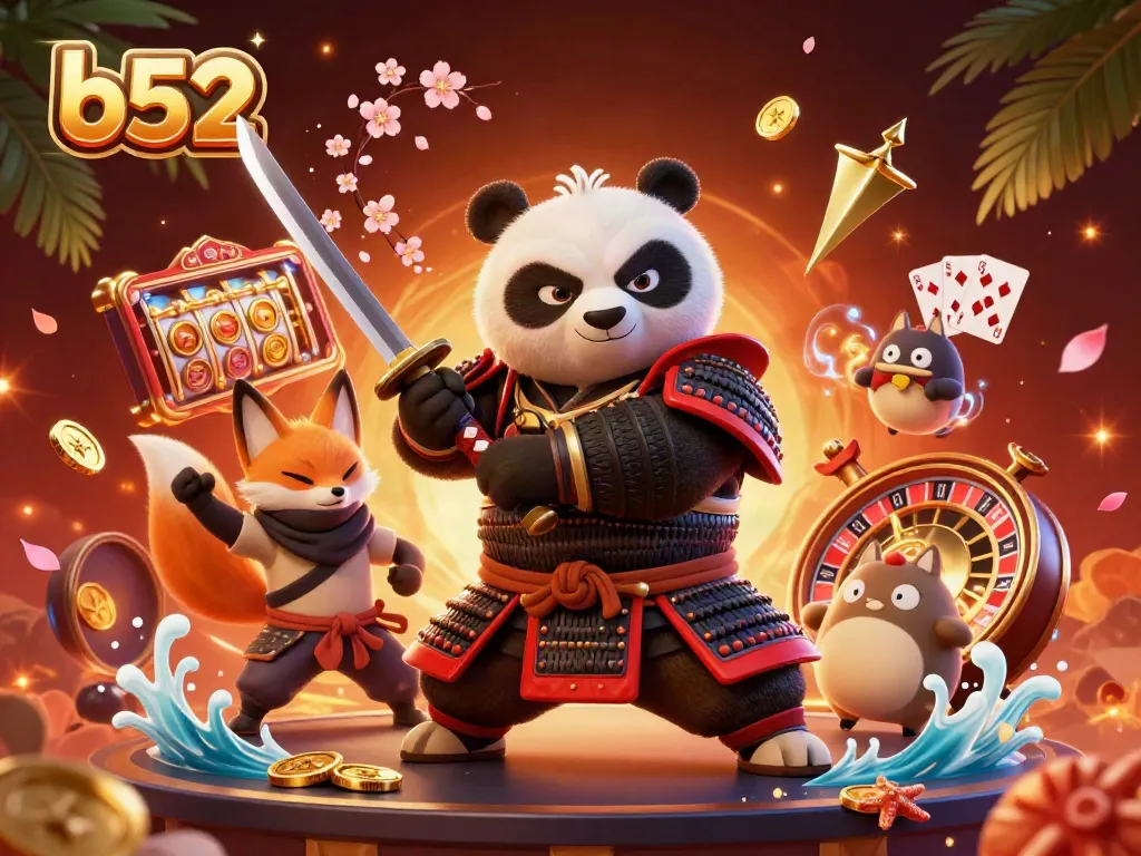 Engage in thrilling b52 casino games with a dynamic illustration featuring samurai panda and ninja fox.