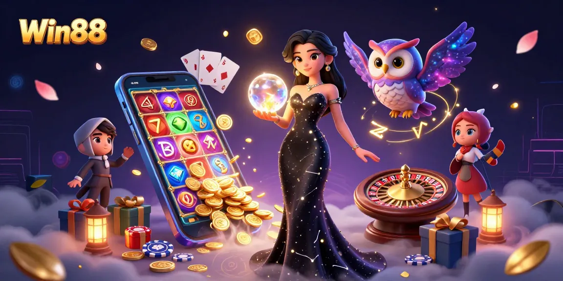 Win88 casino illustration showcasing a mystical woman and owl amidst vibrant gaming elements.
