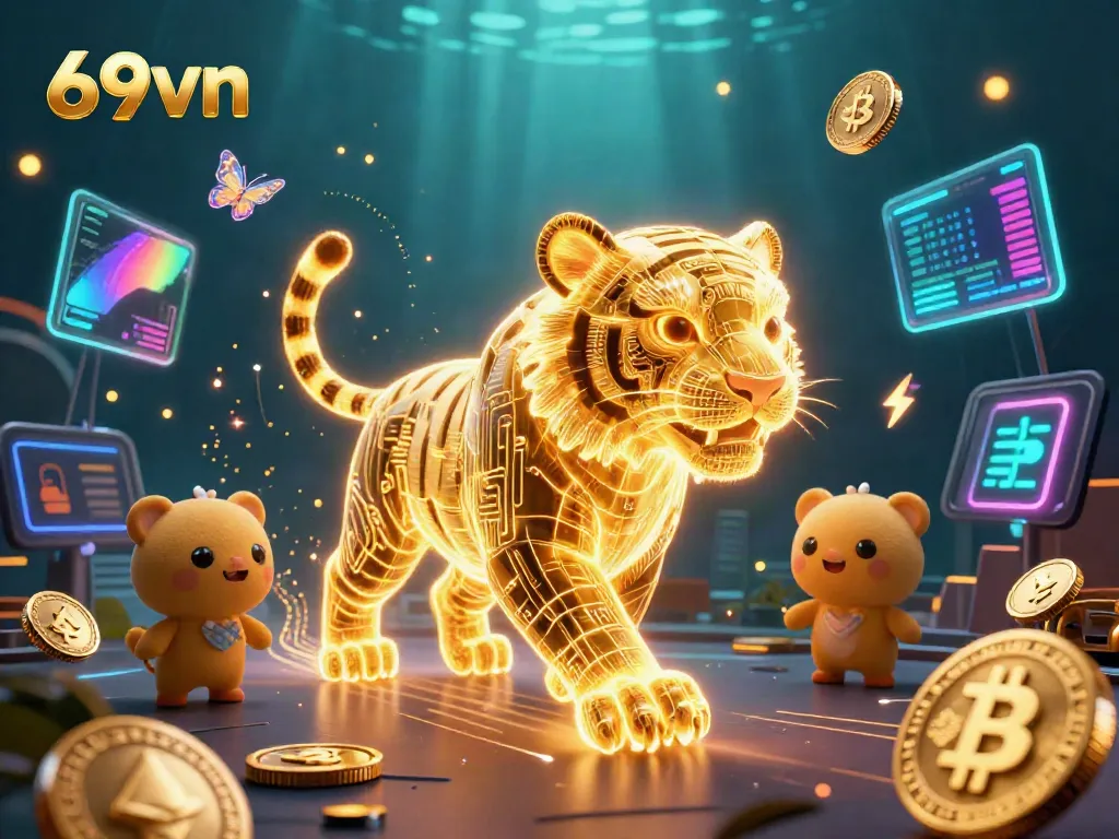 Experience the vibrant, digital casino world of 69vn with a neon tiger and cryptocurrency elements.