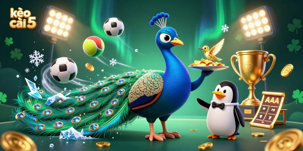 Engaging illustration of kèo nhà cái 5 featuring peacock and penguin in a sports betting scene.