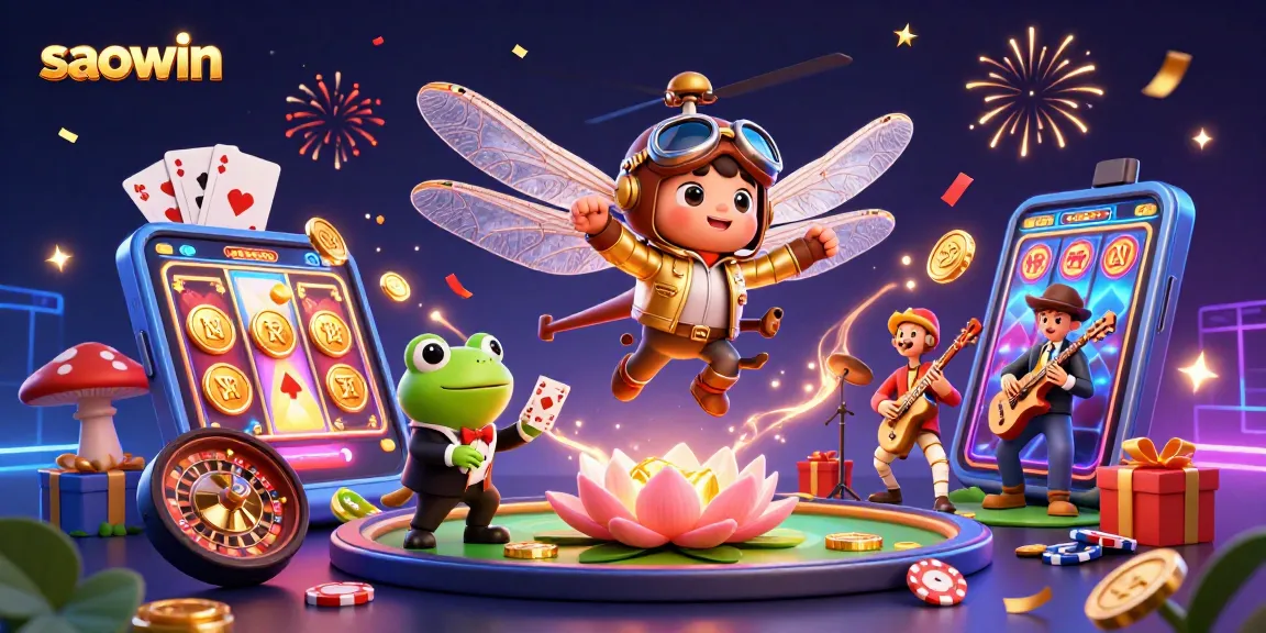Play slots and win at Saowin with a vibrant casino scene featuring a dragonfly pilot and frog croupier.