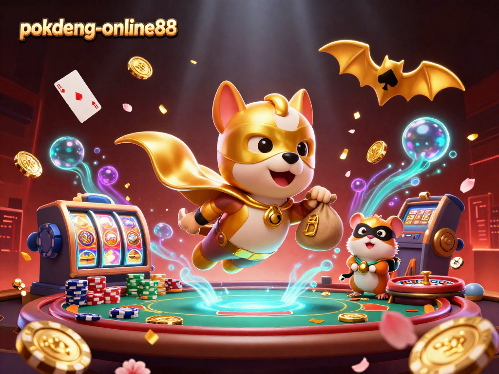 Engage with the thrilling world of pokdeng-online88 featuring a superhero dog and poker elements.