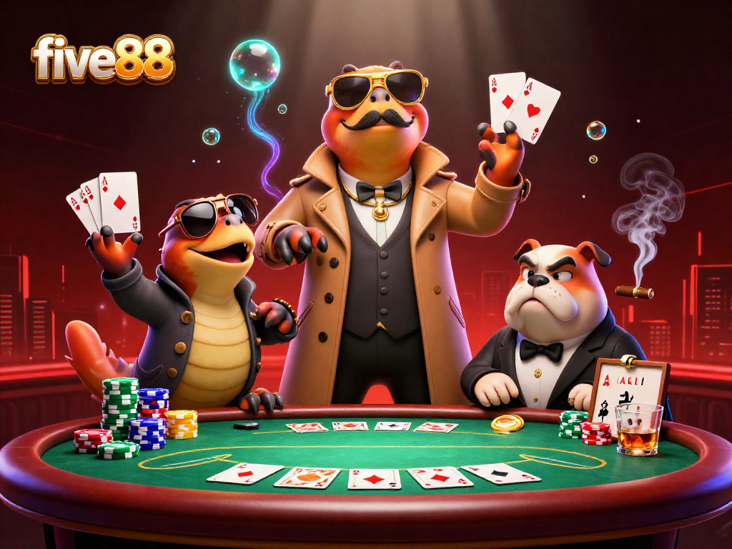 Experience the excitement of five88 with three raptors in a trench coat at a vibrant casino scene.